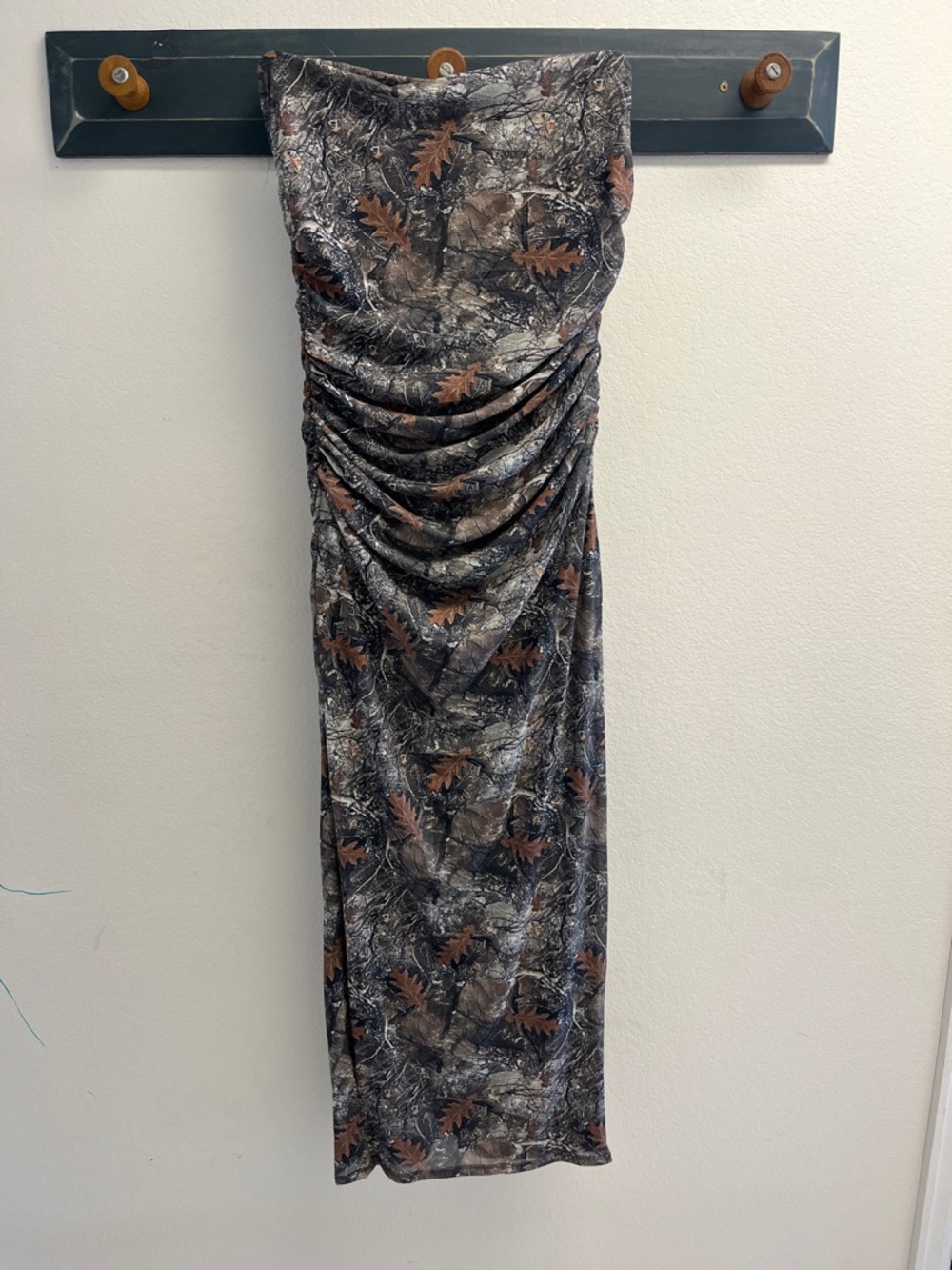 Bear Dance Strapless Ruched Maxi Dress in Brown & Gray Leaf Print